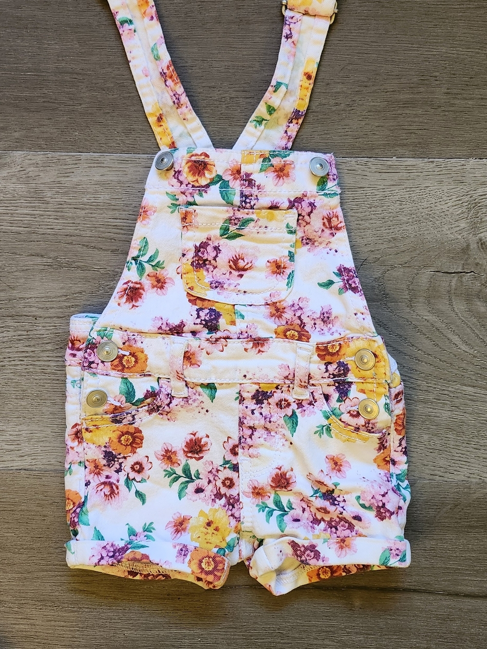wonder nation Floral Short Overalls - White with Pink, Yellow & Green